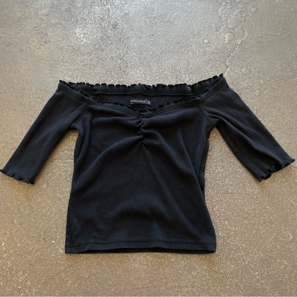 Abercrombie & Fitch Black Ribbed Off-Shoulder Crop Top Lettuce Hem